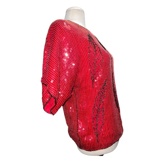 Vintage Jean For Le Bon Red Sequin Beaded Top Medium Pure Silk Short Sleeve Wome - Picture 5 of 11